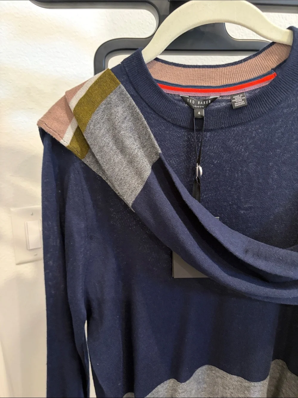 Ted Baker Navy Crewneck Sweater with Gray, Olive and Blush Stripes